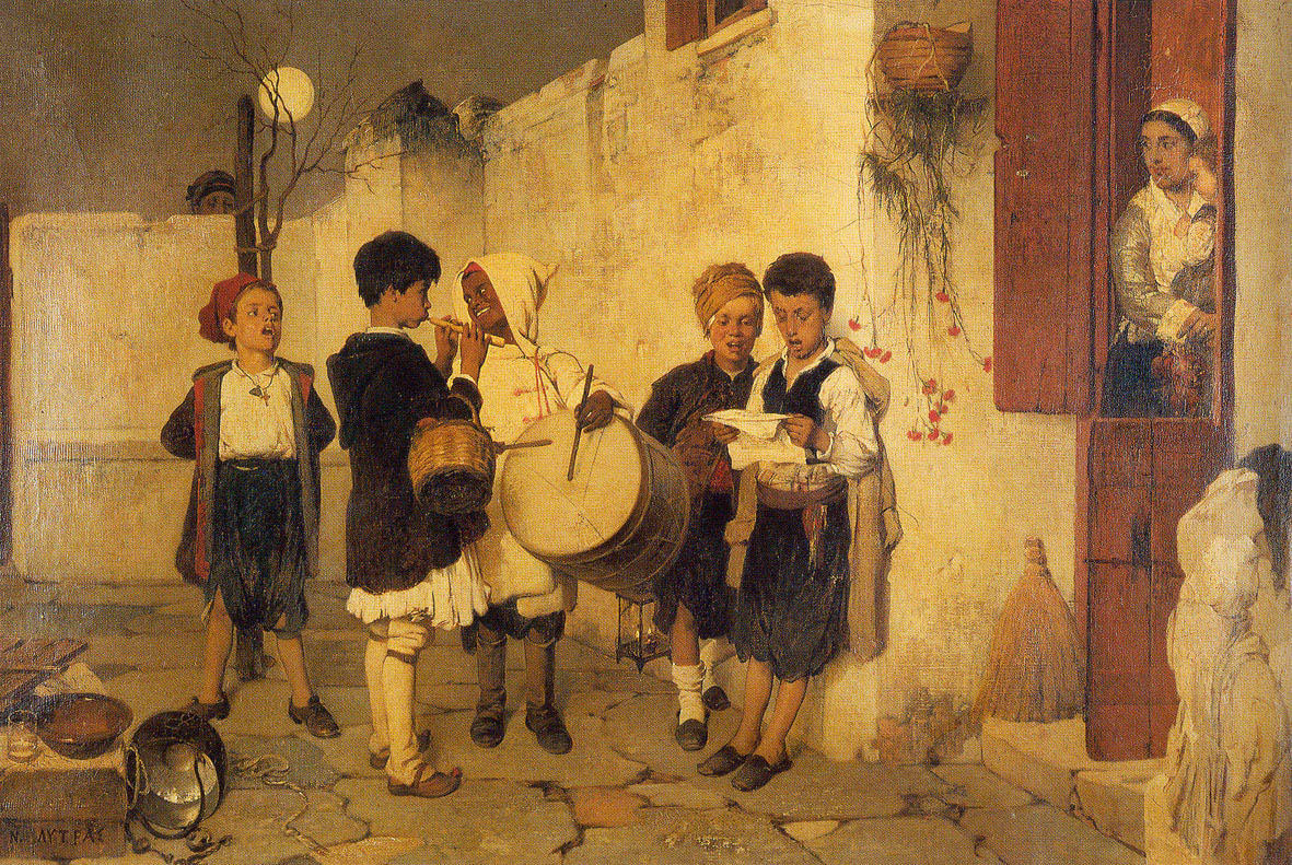 Greek children singing Christmas carols (Kalanta) in traditional Greek Christmas celebration